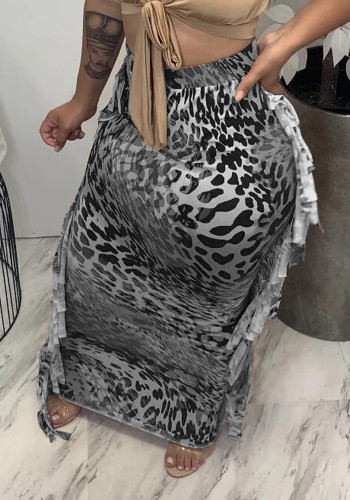 Women Leopard Print Tassel Long Skirt
