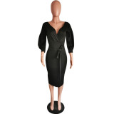 Women Chic Career Lantern Sleeve V-Neck Off Shoulder Bodycon Dress