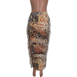 Women Leopard Print Tassel Long Skirt