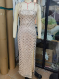 Women Sexy Low Back Strap Sequin Evening Dress