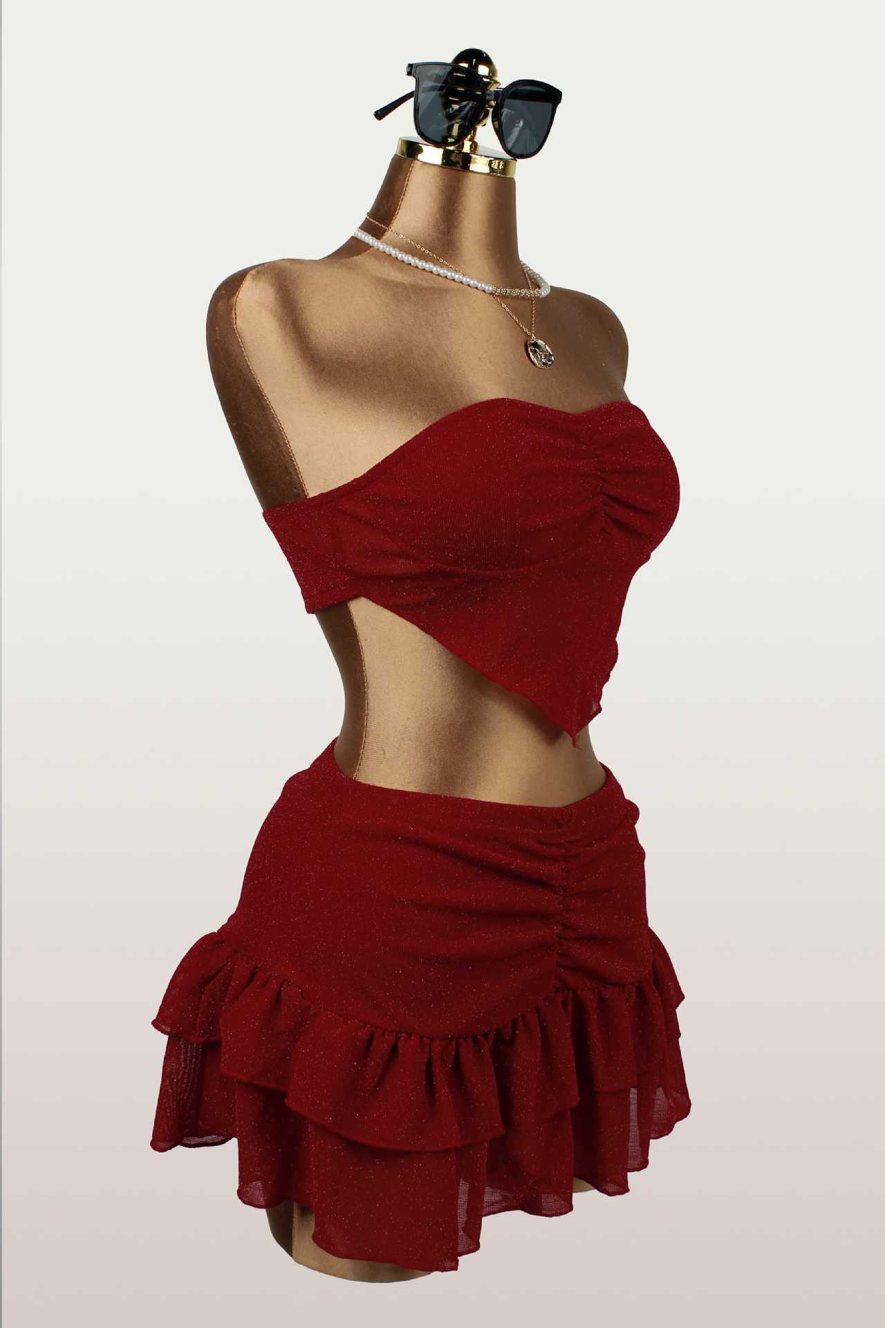 Strapless Ruffle Top & Skirt Set for Evening Parties