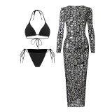 Women Summer Holiday Hollow Out Solid Color Three-Piece Bikini Set