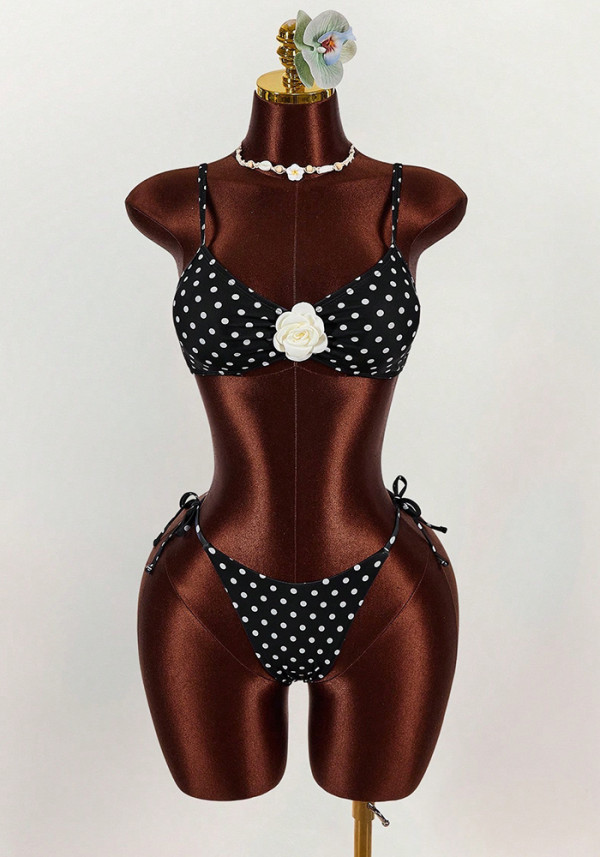 Women Lace-Up Floral Polka Dot Bikini Set