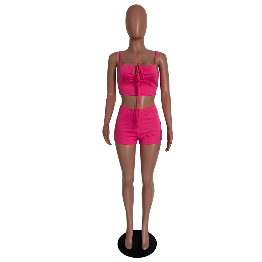 Lace-Up Patchwork Camisole & Pants Two-Piece Club Set