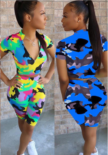 Women Sexy Zipper High Waist Camouflage Short Sleeve Two Piece Set Streetwear Sport Outfit