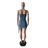 Women Strapless Denim Irregular Stretch Dress Streetwear Bodycon Dress