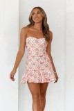 Women Summer Casual Sweet Printed Ruched Mini Dress