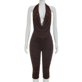 Women Sexy Halter Neck Top and Capri Pants Two-Piece Set (Backless, Ruffled Mesh)