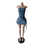 Women Strapless Denim Irregular Stretch Dress Streetwear Bodycon Dress