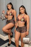 Women Leopard Print Halter Neck Sexy Bra Shorts Two Piece Set Clubwear Outfit