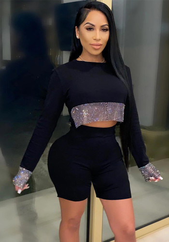 Women Rhinestone Solid Long Sleeve T-Shirt Sparkly Basic Top Party Clubwear