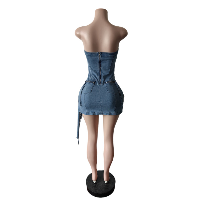 Strapless Denim Irregular Stretch Bodycon Dress for Streetwear