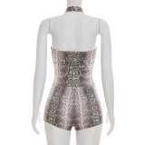 Women Sexy Snake Print Halter Neck Top and Shorts Two-Piece Set