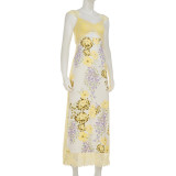 Women French Sexy Lace Patchwork Print Holidays Irregular Slit Hollow-Out Strap Dress