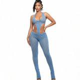 Women Sexy See-Through Knitting V-Neck Jumpsuit