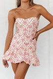 Women Summer Casual Sweet Printed Ruched Mini Dress