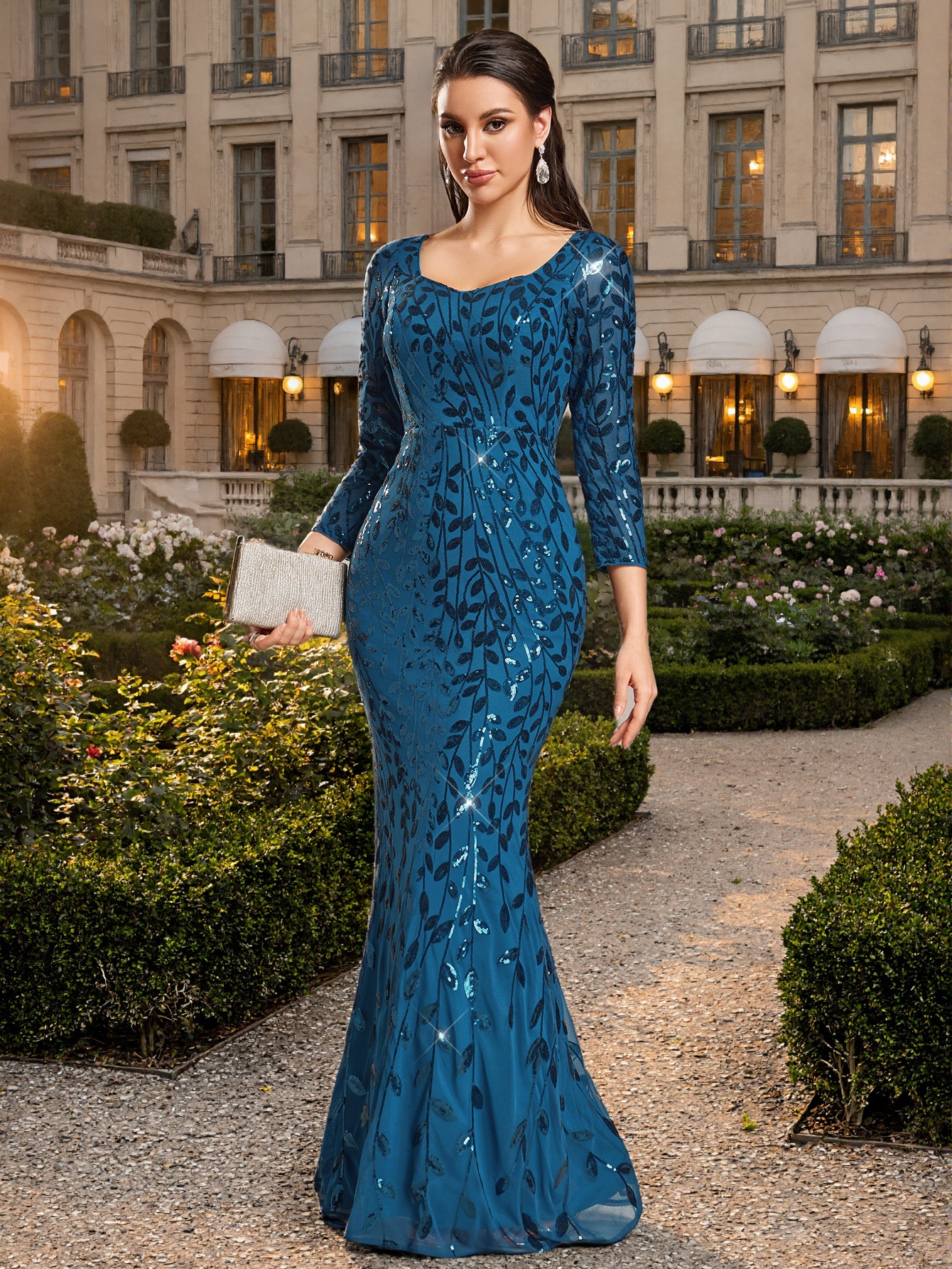 Sequin Round Neck Half Sleeve Mermaid Evening Gown