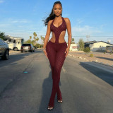 Women Sexy See-Through Knitting V-Neck Jumpsuit