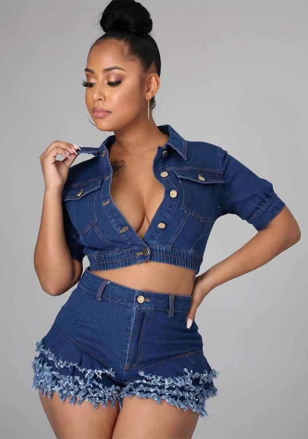 Women Fashion Denim Tassel Two Piece Shorts Set Streetwear Trendy Outfit