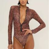 Women Long Sleeve Zipper Sun Protection Mesh One Piece Swimsuit Swimwear