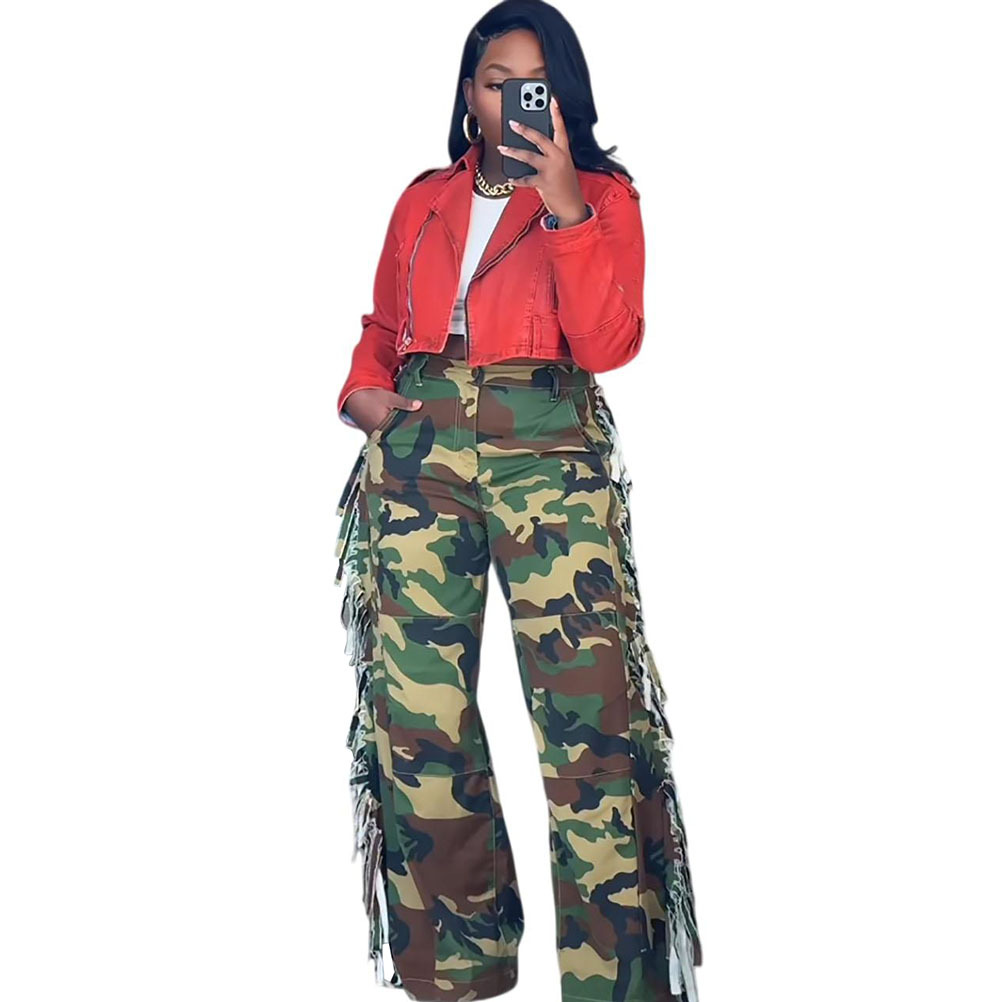 Camouflage Denim Wide Leg Cargo Jeans for Streetwear