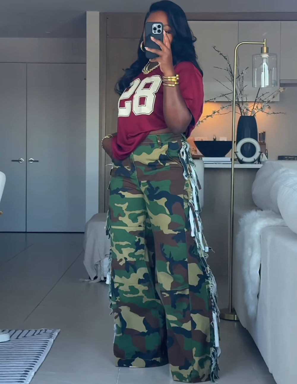 Camouflage Denim Wide Leg Cargo Jeans for Streetwear