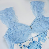 Women French Sexy Lace Patchwork Print Holidays Irregular Slit Hollow-Out Strap Dress
