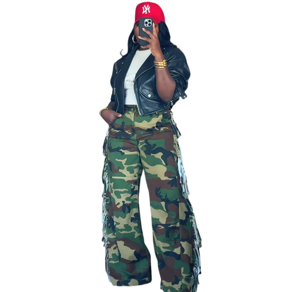 Camouflage Denim Wide Leg Cargo Jeans for Streetwear