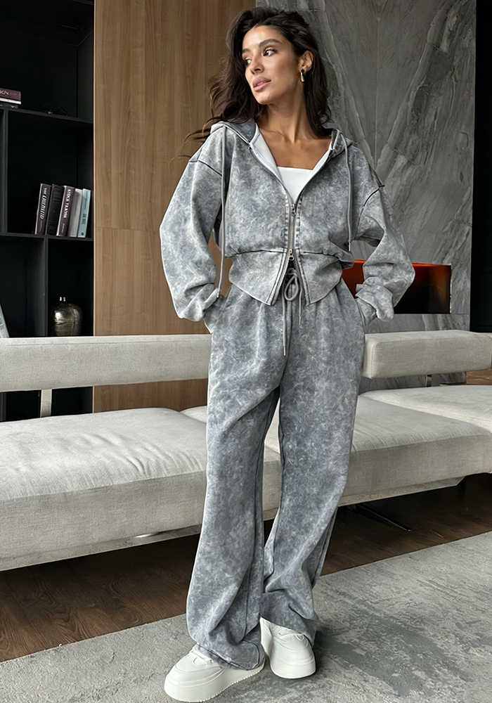Washed Zip-Up Hoodie & Sweatpants Tracksuit Set for Streetwear