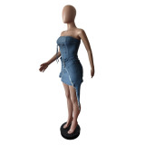 Women Strapless Denim Irregular Stretch Dress Streetwear Bodycon Dress