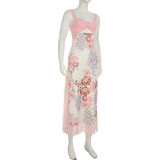 Women French Sexy Lace Patchwork Print Holidays Irregular Slit Hollow-Out Strap Dress