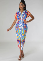 Women Printed V Neck Tight Fit Slit Vacation Dress Women Printed V Neck Tight Fit Slit Vacation Dress