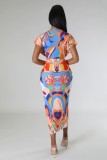 Women Printed V Neck Tight Fit Slit Vacation Dress