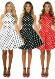 Women Summer Halter Neck Lace-Up Low Back Polka Dot Print A-line Dress Vacation Beach Dress