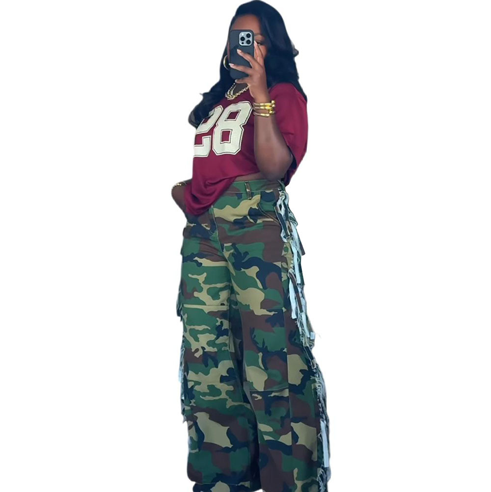 Camouflage Denim Wide Leg Cargo Jeans for Streetwear