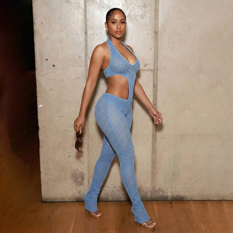 See-Through Knitted V-Neck Jumpsuit for Party Wear