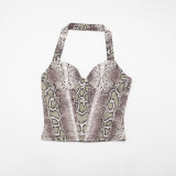Women Sexy Snake Print Halter Neck Top and Shorts Two-Piece Set