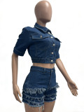 Women Fashion Denim Tassel Two Piece Shorts Set Streetwear Trendy Outfit