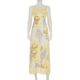 Women French Sexy Lace Patchwork Print Holidays Irregular Slit Hollow-Out Strap Dress