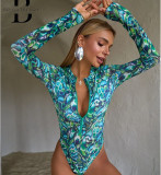 Women Long Sleeve Zipper Sun Protection Mesh One Piece Swimsuit Swimwear