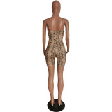 Women Sleeveless Snake Print Ribbed Slim Waist Jumpsuit Bodycon Clubwear Outfit
