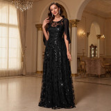 Women Mesh Sequin Round Neck A-Line Cape Maxi Dress Elegant Evening Gown