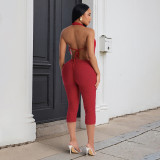 Women Sexy Halter Neck Top and Capri Pants Two-Piece Set (Backless, Ruffled Mesh)