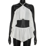 Women Sexy Halter Neck Lace Backless Top and Shorts Two-Piece Set