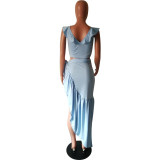 Women Solid V-Neck Off Shoulder High Slit Irregular Two Piece Skirt Set Evening Party Outfit