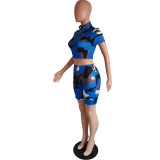 Women Sexy Zipper High Waist Camouflage Short Sleeve Two Piece Set Streetwear Sport Outfit
