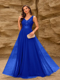 Patchwork Elastic Waist Sleeveless Double V Neck Evening Gown with Embroidered Tulle Elegant Long Swing Party Dress