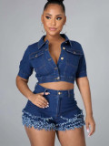 Women Fashion Denim Tassel Two Piece Shorts Set Streetwear Trendy Outfit