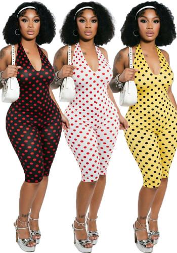 Women Spring Summer Deep V Halter Neck Polka Dot Slim Fit Stretch Jumpsuit Sexy Club Outfit