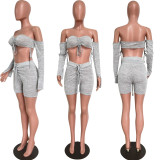 Women Sexy Long Sleeve Lace-Up Crop Top Pants Two Piece Set Clubwear Outfit